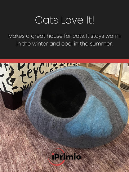 100% Natural Wool Eco-Friendly Cat & Kitten Cave Bed - Cozy House Indoor Bed for Cats & Kittens - Pet Felt Cat Cave, Cushion, Cove, Nest, Hideout, Hideaway, Tent, Tunnel Beds (Blake)
